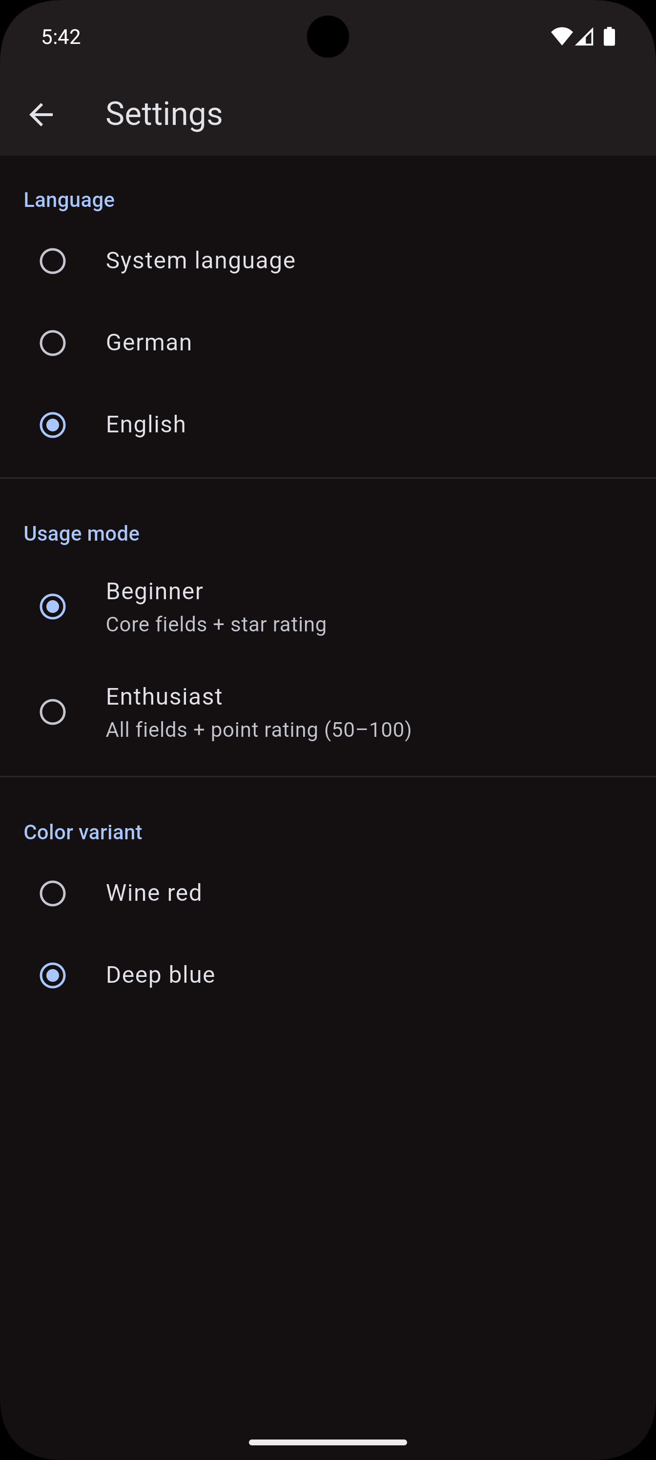 Settings screen