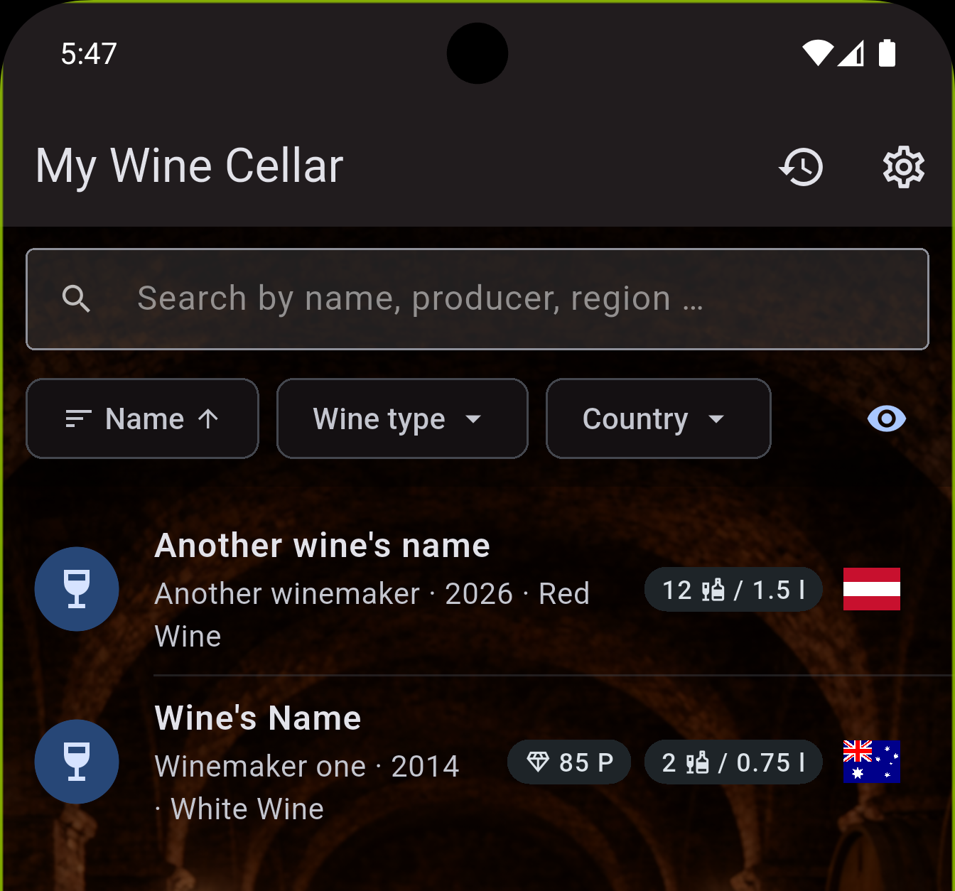 Wine list overview