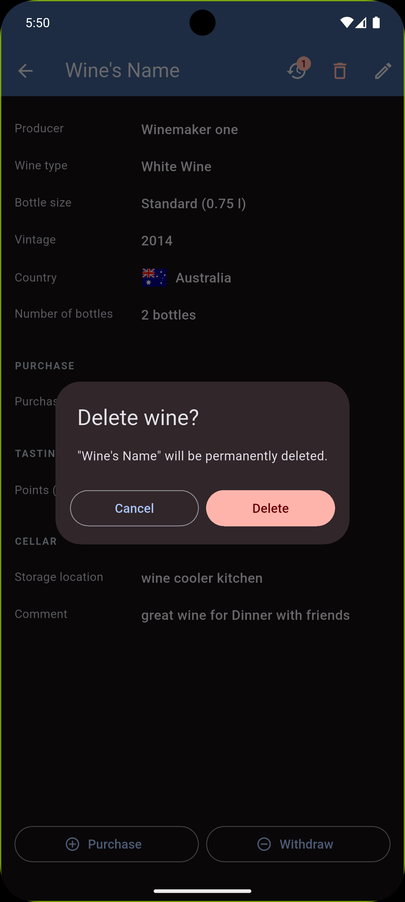 Delete wine – confirmation dialog