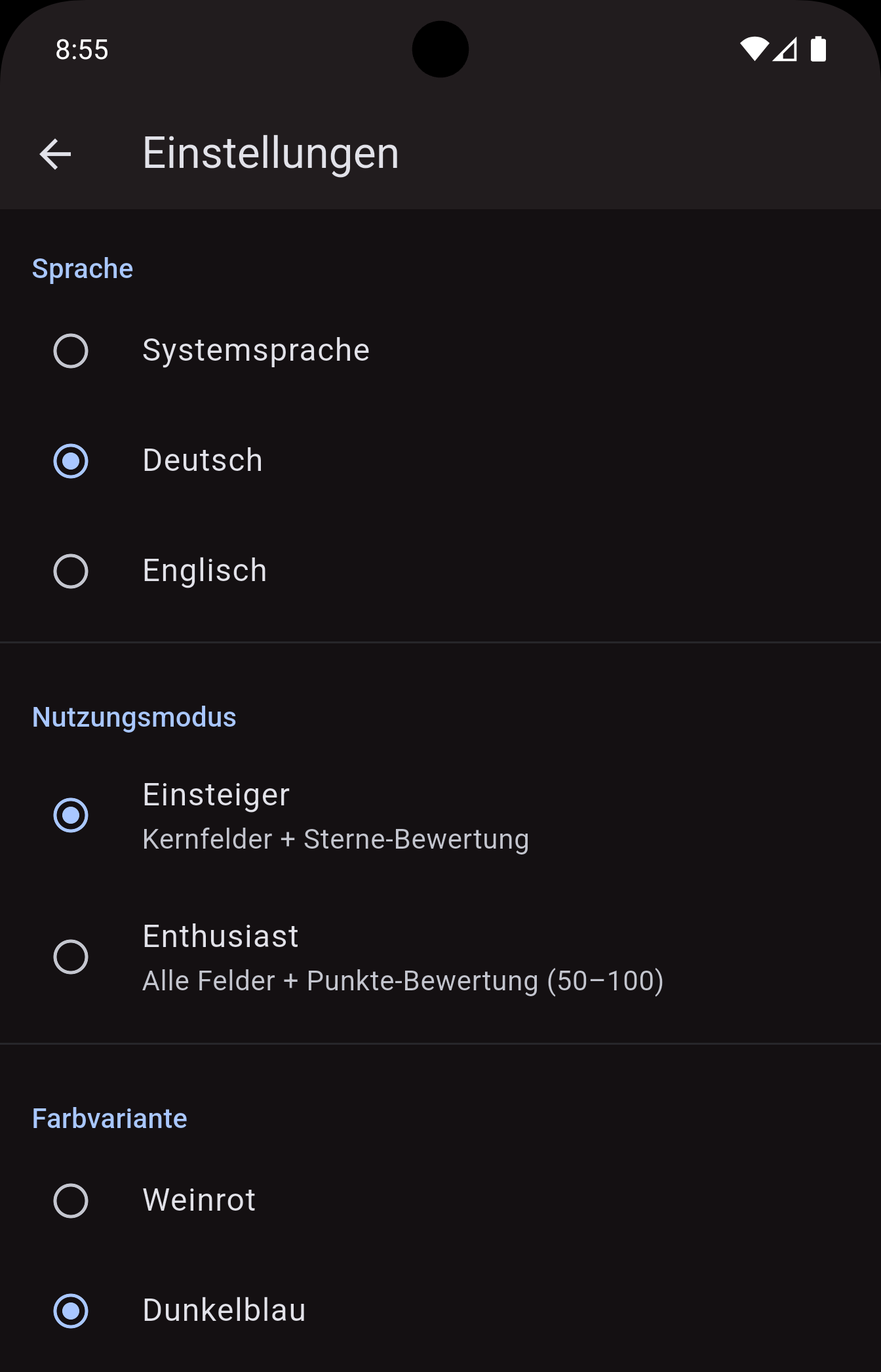 Einstellungen-Screen