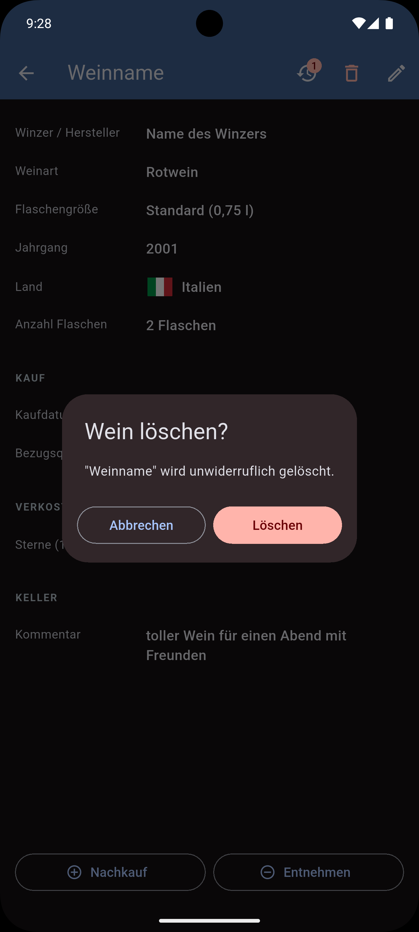 Wein löschen – Bestätigungsdialog